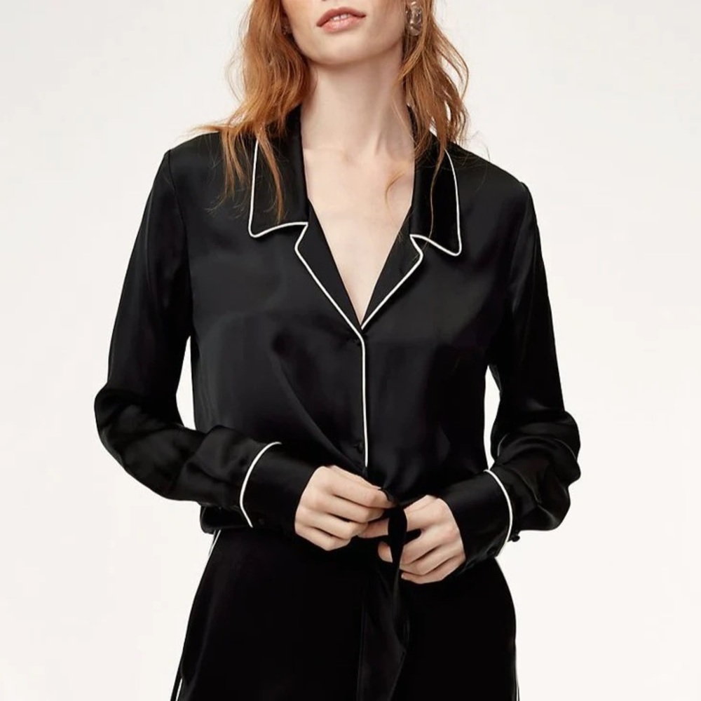 Aritzia satin tie front long sleeve blouse